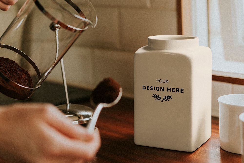 Coffee porcelain jar mockup on kitchen counter psd