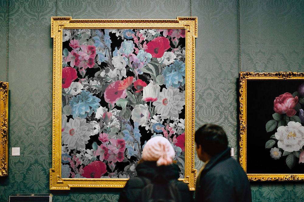 Vintage flower in gold frame, art museum. Remixed by rawpixel.