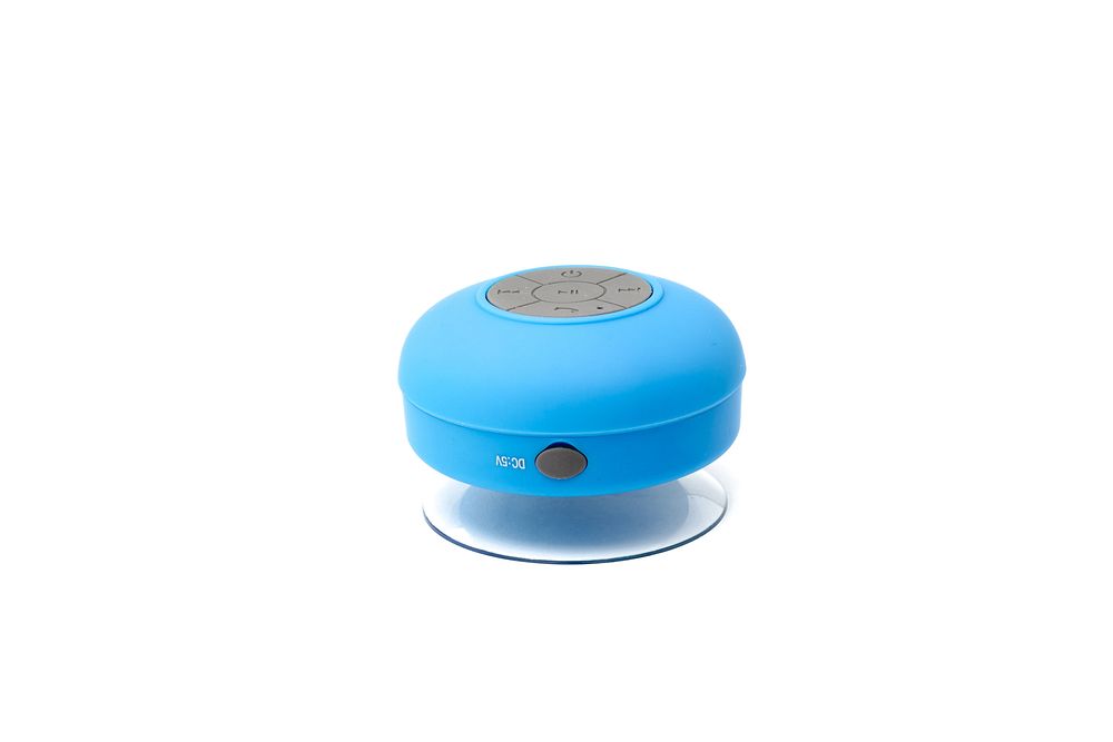 Side view product photo of blue shower speaker with grey buttons.