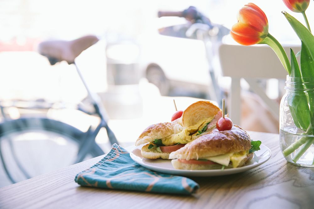 Croissant sandwich, breakfast cafe.