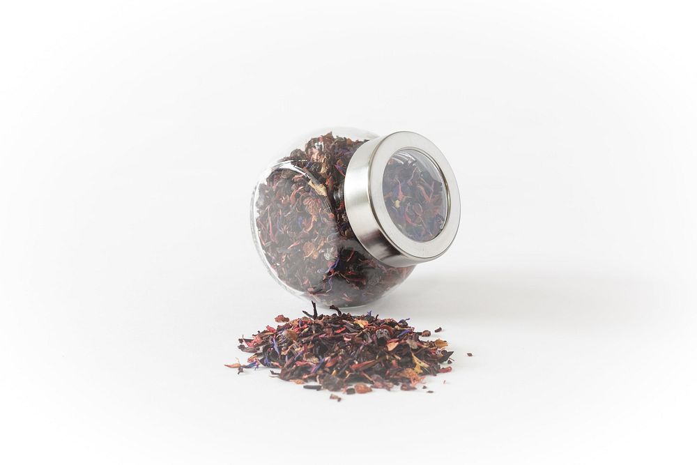Loose leaf blueberry tea in jar.