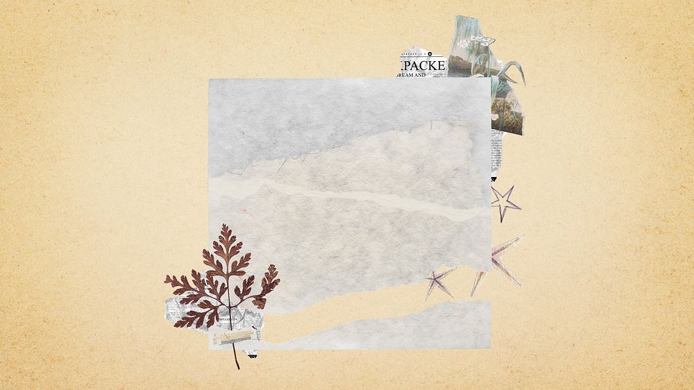 Desktop wallpaper aesthetic torn paper craft, brown background
