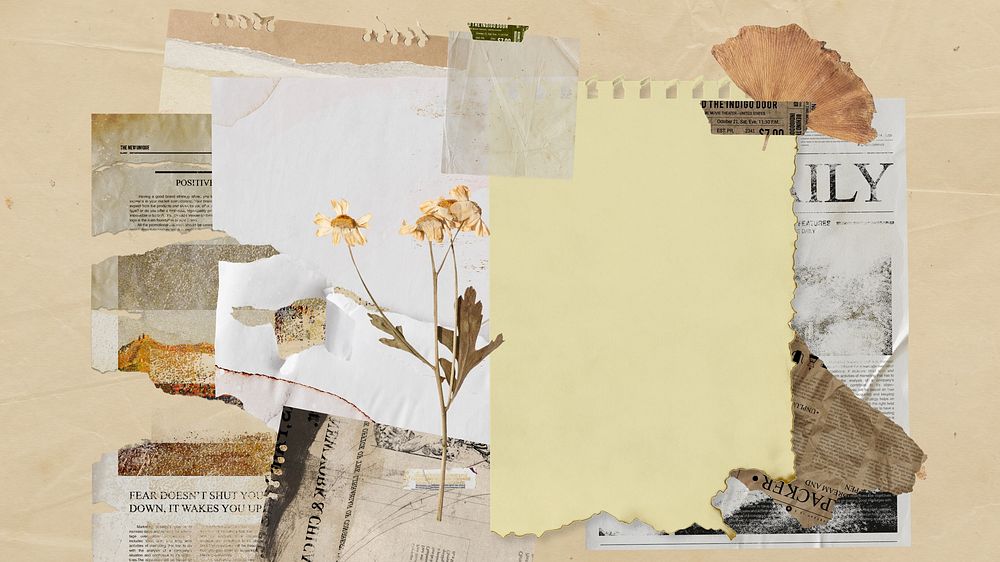 Desktop wallpaper aesthetic vintage paper collage, beige background