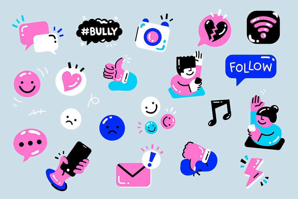 Cute social media illustration collage elements set psd