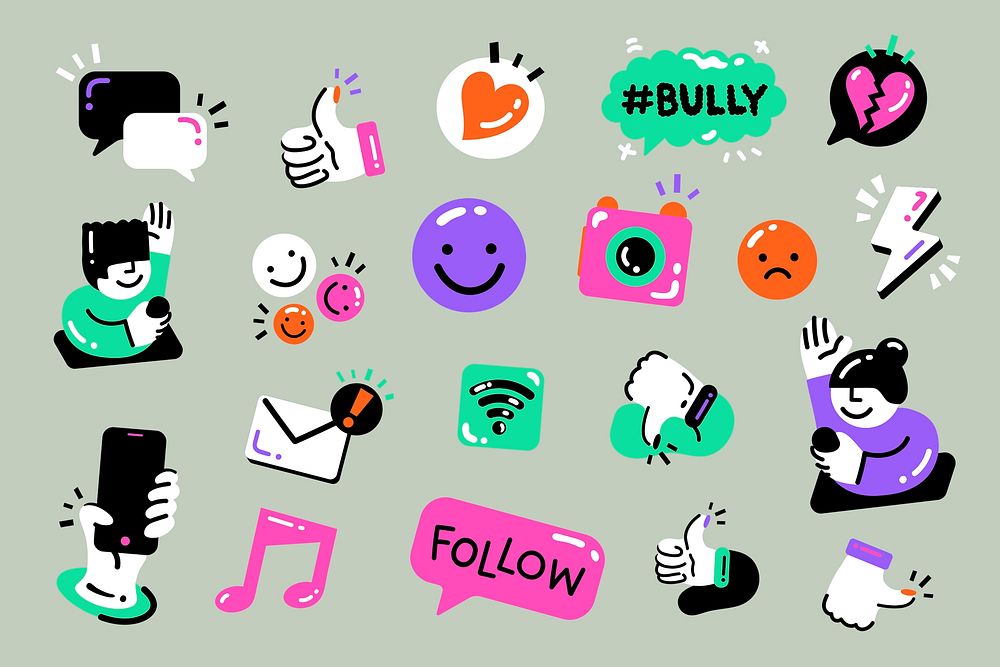 Funky social media illustration collage elements set psd