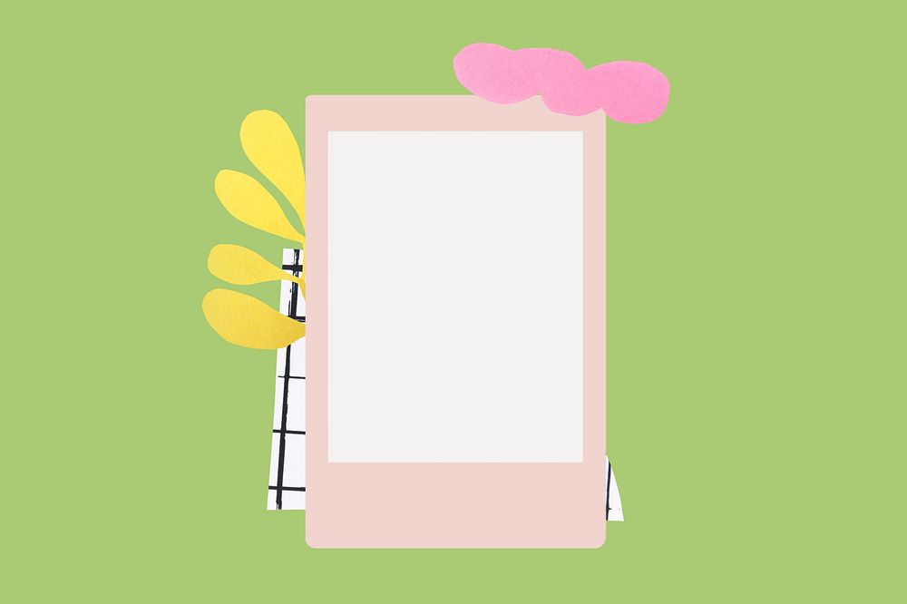Pink photo frame with doodles on simple background