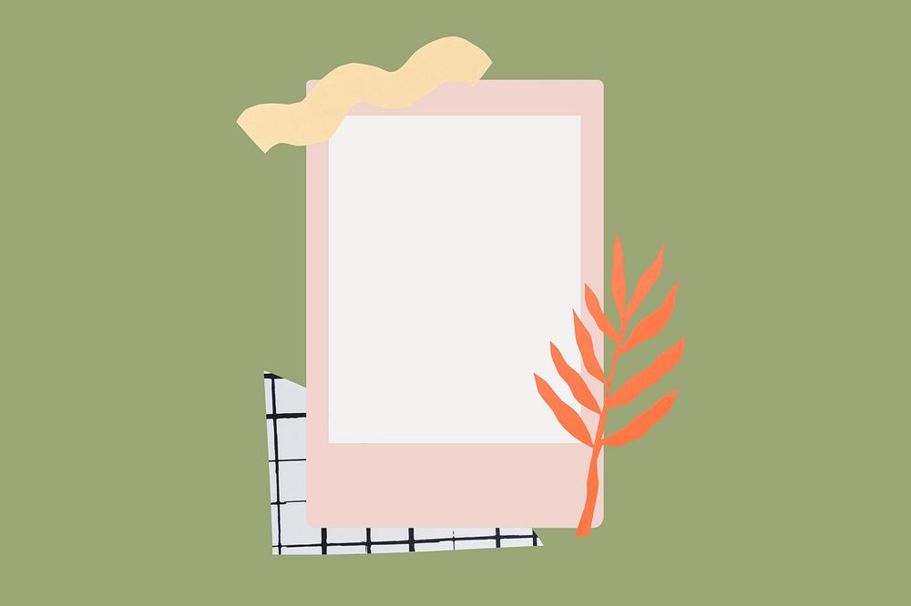 Pink photo frame with cute plant doodle on green background