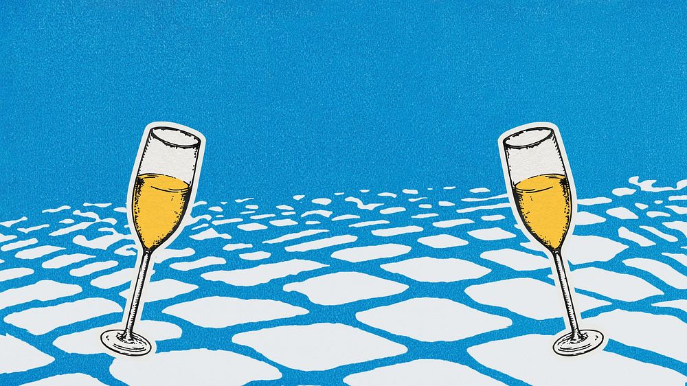 Champagne illustration, blue desktop wallpaper
