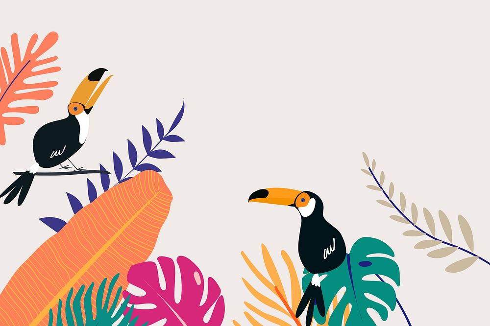 Colorful tropical toucan bird background, beige design