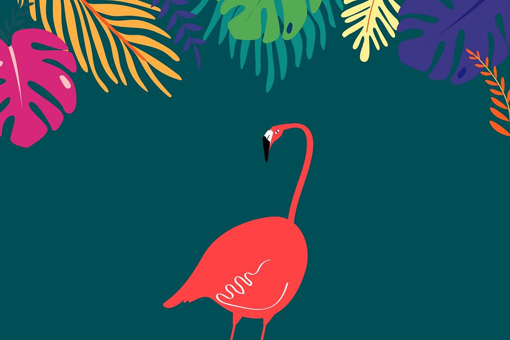 Colorful tropical leaf flamingo illustration, green design