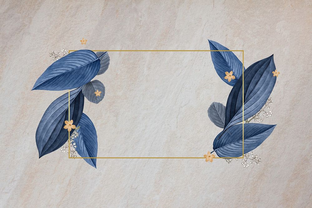 Gold frame, blue leaf illustration