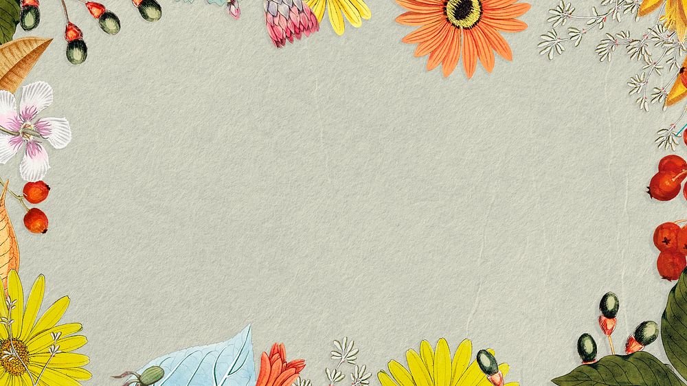 Flower aesthetic frame desktop wallpaper, beige textured background