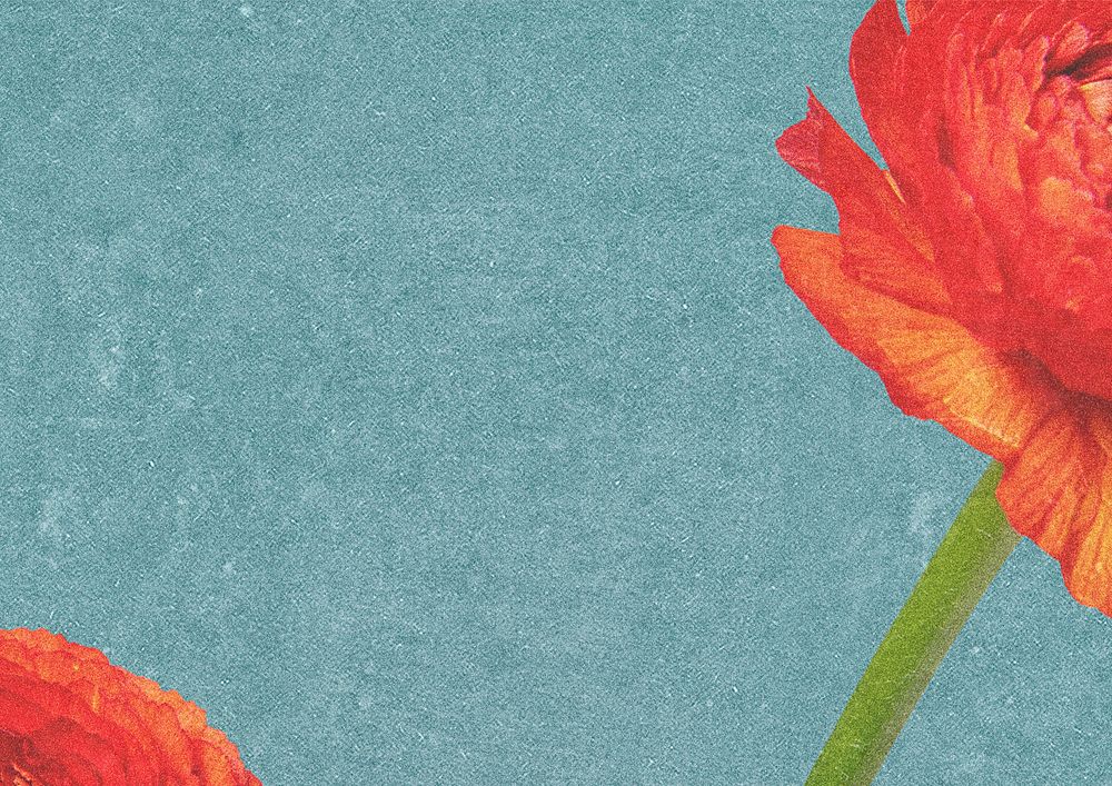 Blue aesthetic textured background, red flower border