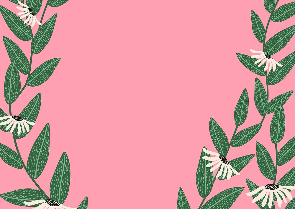 Pink botanical background, leaf branch border
