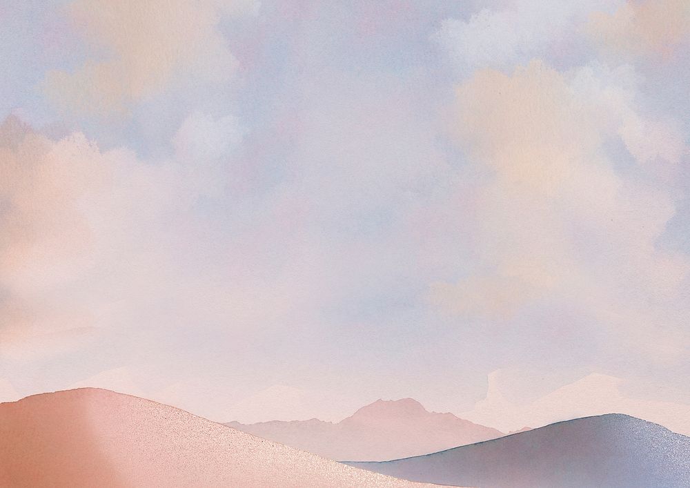 Watercolor pastel landscape background, purple sky