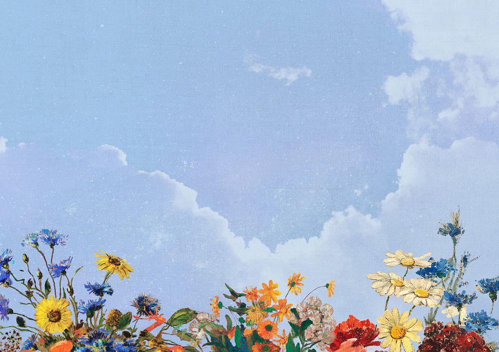 Aesthetic blue sky background, flower border