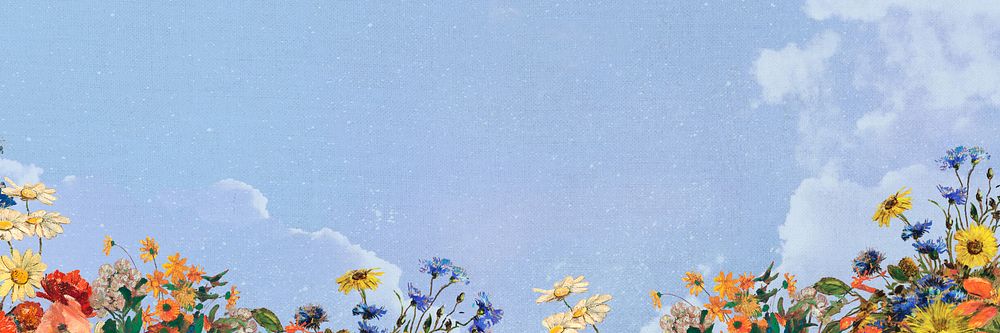 Aesthetic blue sky background, flower border