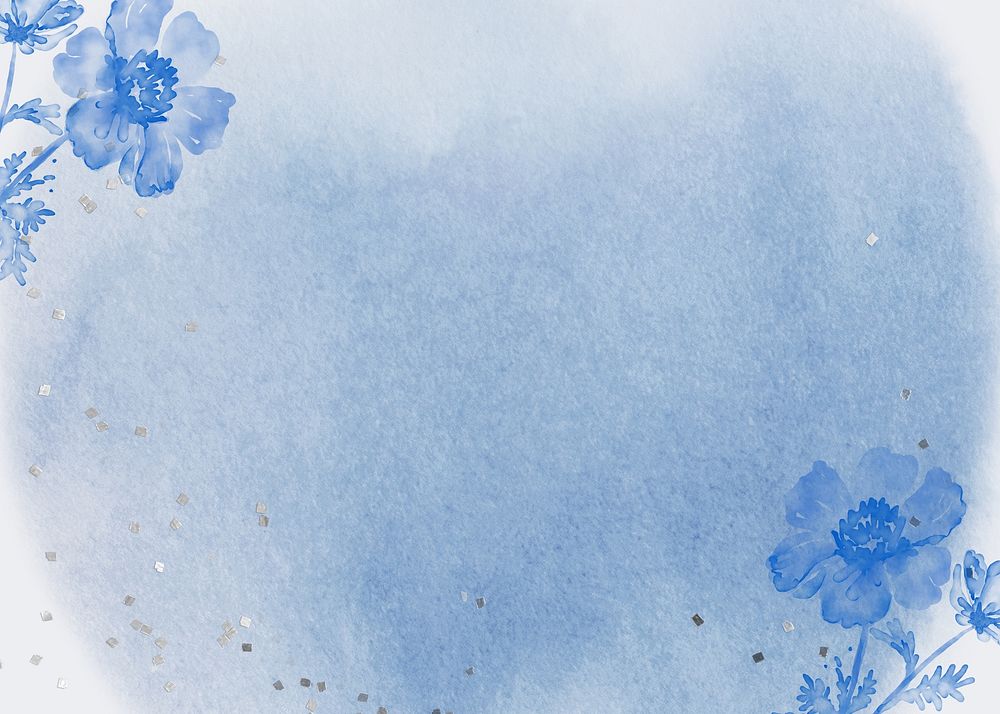 Blue watercolor flower background, botanical border