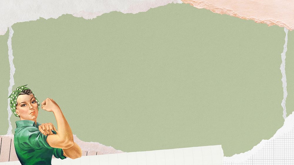 Pastel green paper desktop wallpaper, woman flexing bicep border