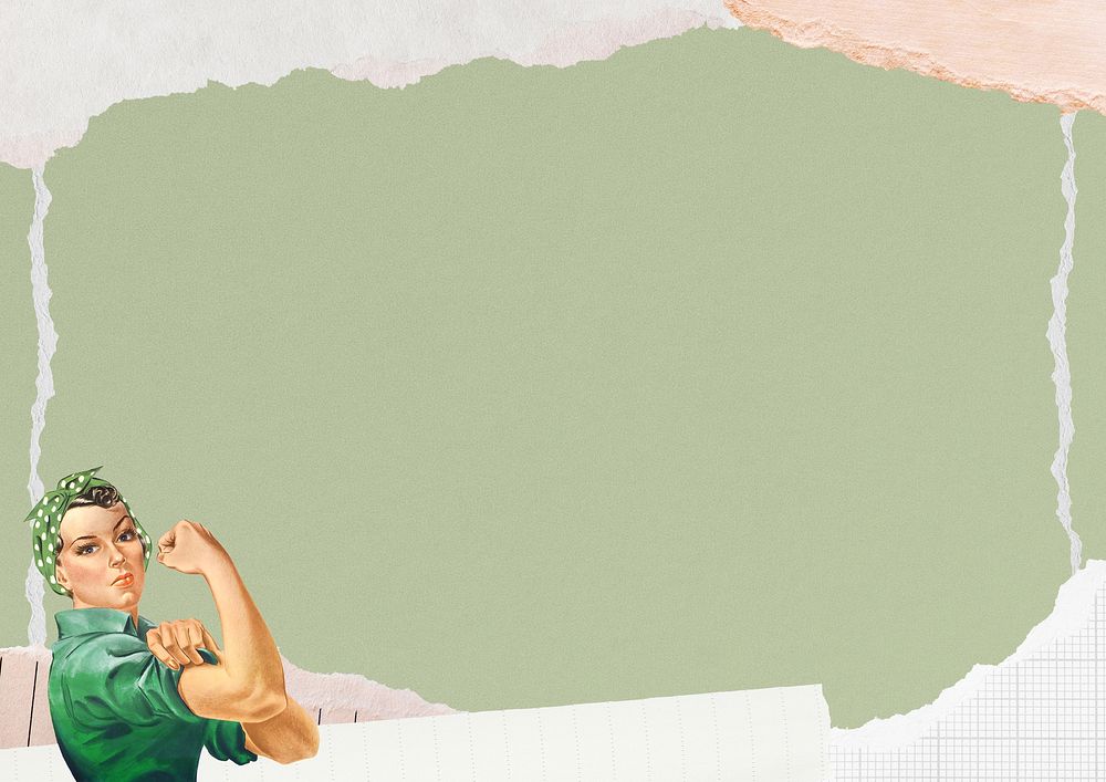 Pastel green paper background, woman flexing bicep border