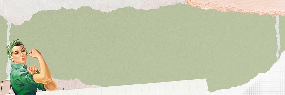 Pastel green paper background, woman flexing bicep border