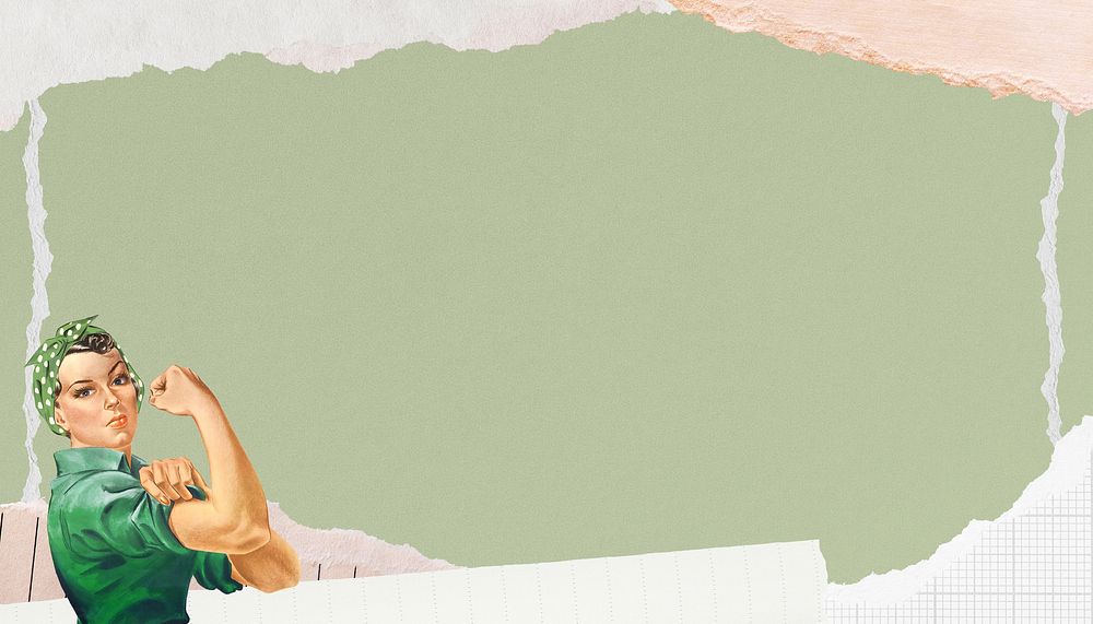 Pastel green paper background, woman flexing bicep border
