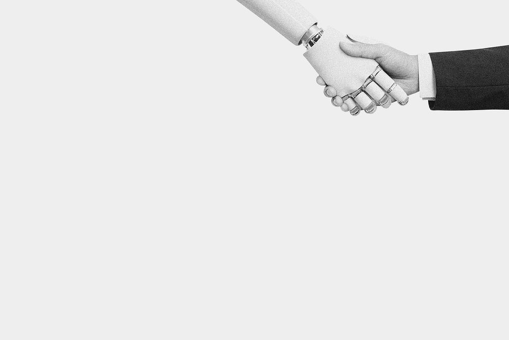 Robot businessman handshake background, technology border