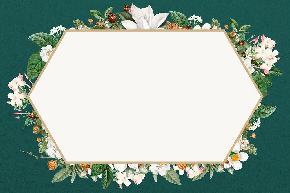 Floral hexagon frame, white flower design psd