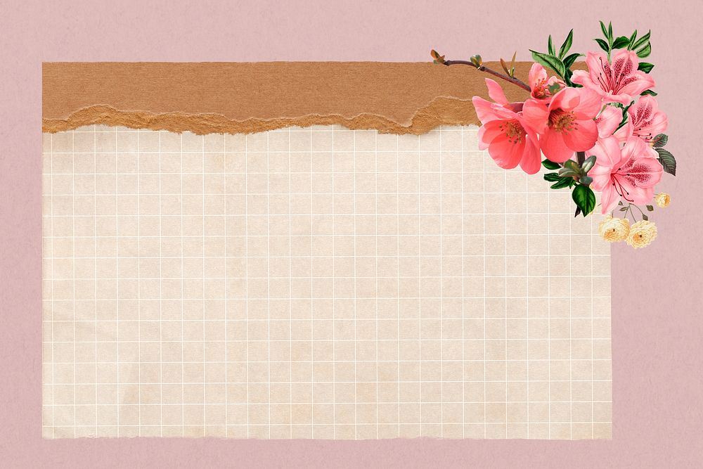 Beige grid paper, pink flower design psd