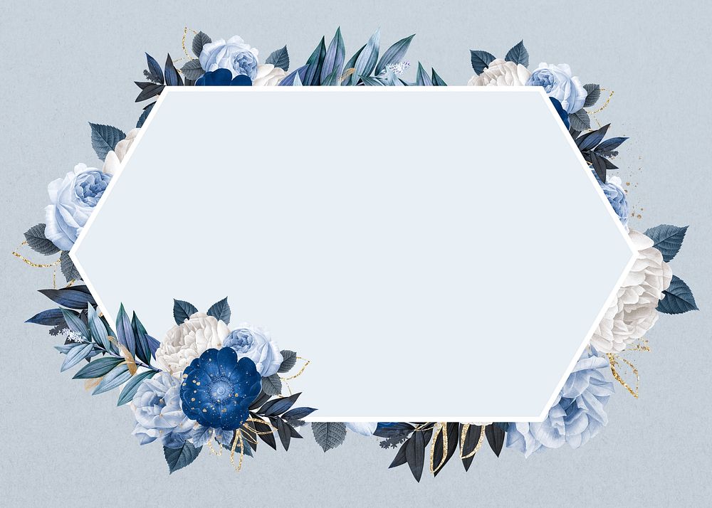 Winter flower frame, blue hexagon shape design