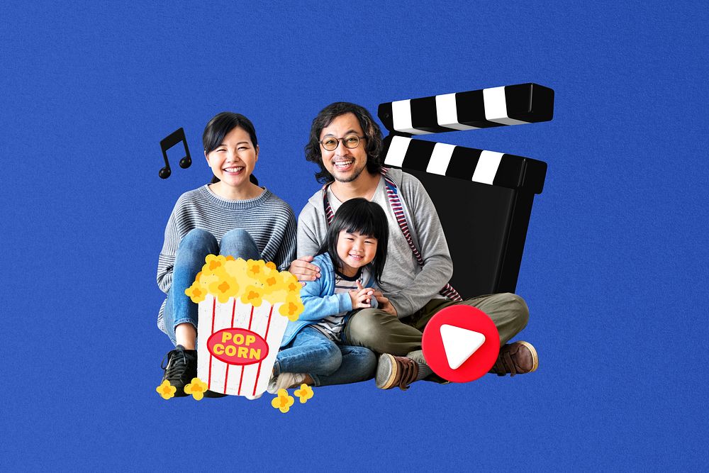 Family movie entertainment activity collage, blue design