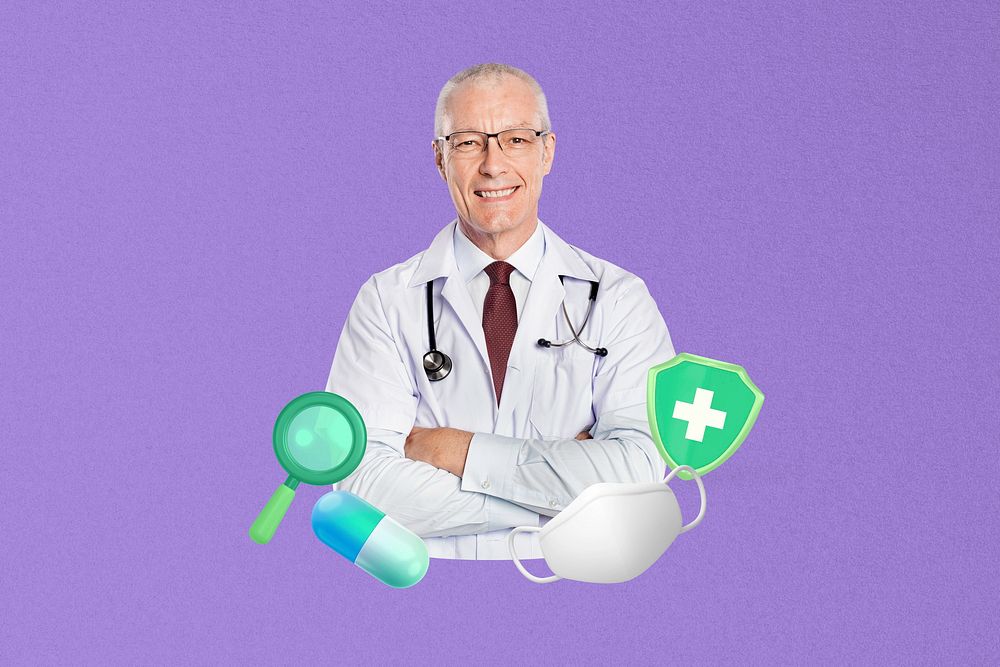 Male doctor healthcare insurance collage, purple design