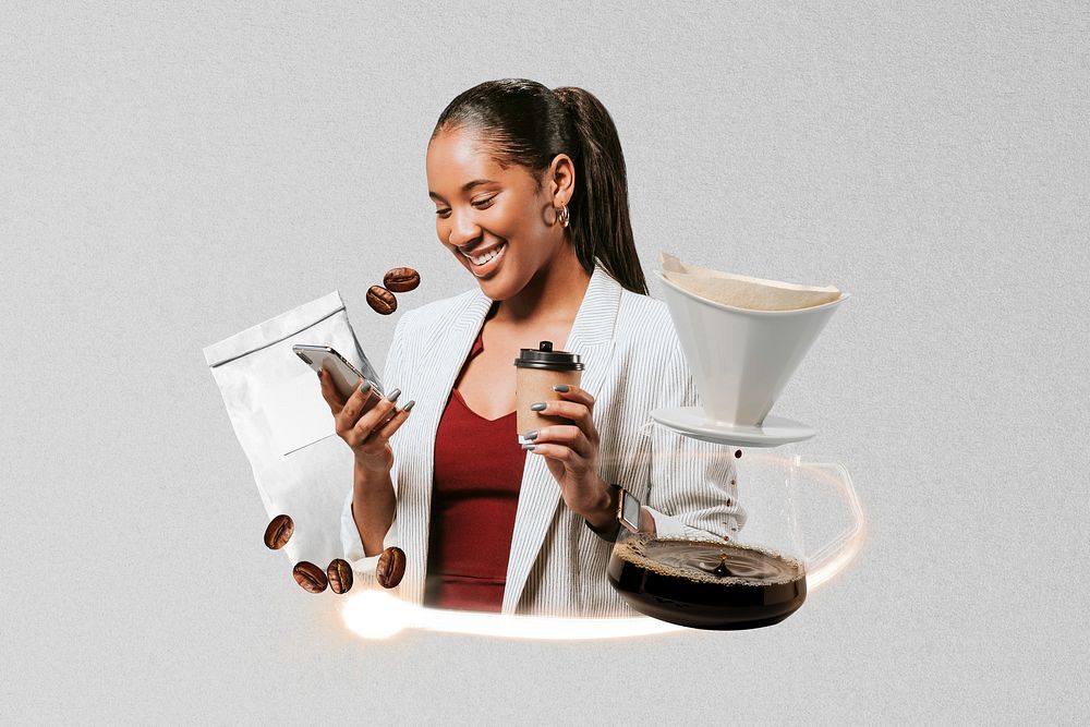 Online shopping coffee business collage, grey design