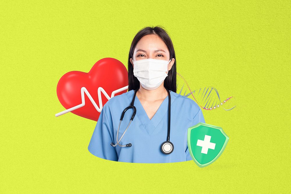 Female doctor healthcare insurance collage, green design