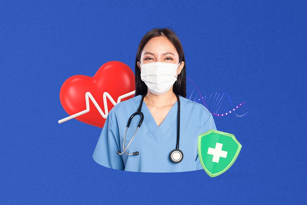 Female doctor healthcare insurance collage, blue design