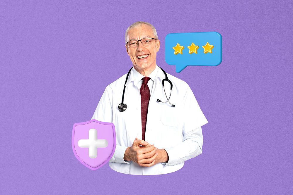 Medical worker insurance review collage, purple design
