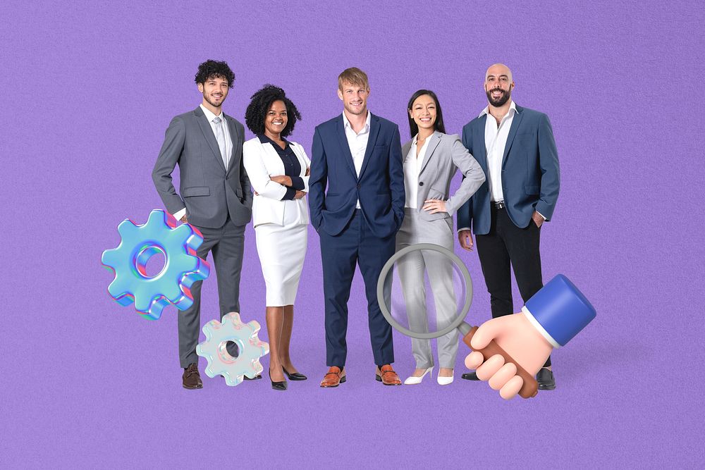 Diverse professional business team collage, purple design