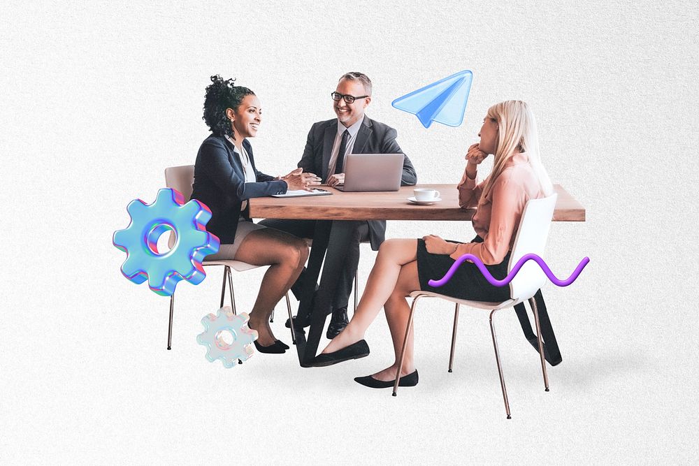 Diverse business meeting collage, white design