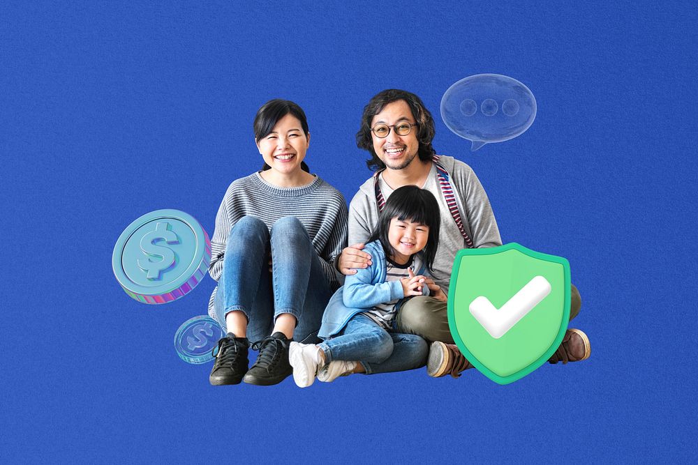 Family child financial insurance collage, blue design
