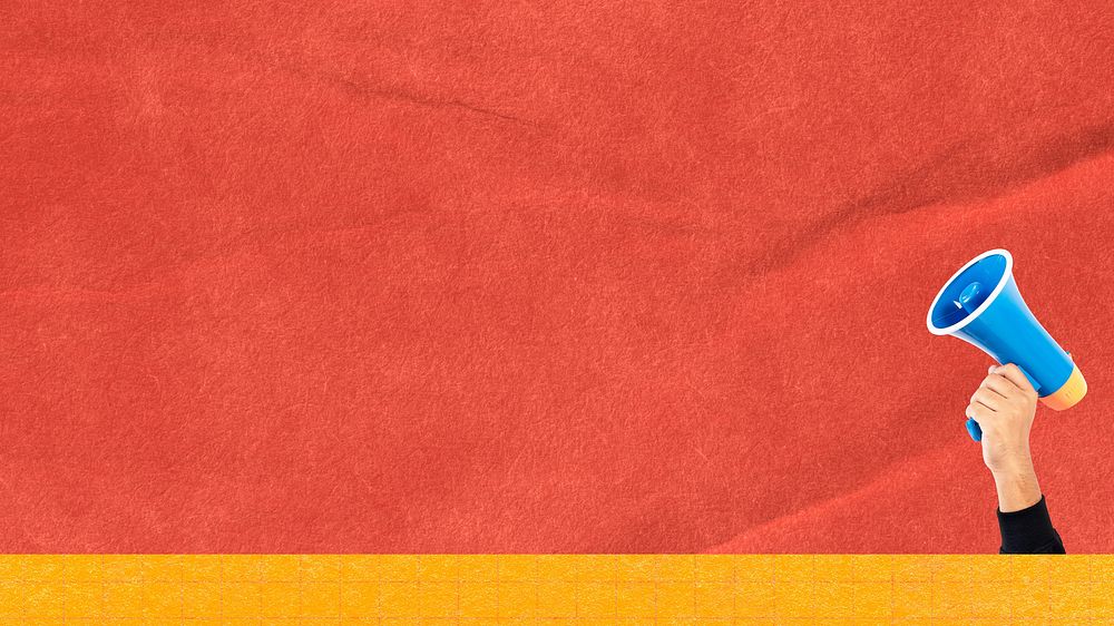 Red paper textured desktop wallpaper, hand holding megaphone border