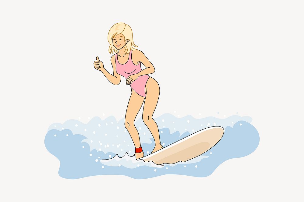 Surfing woman illustration. Free public domain CC0 image.