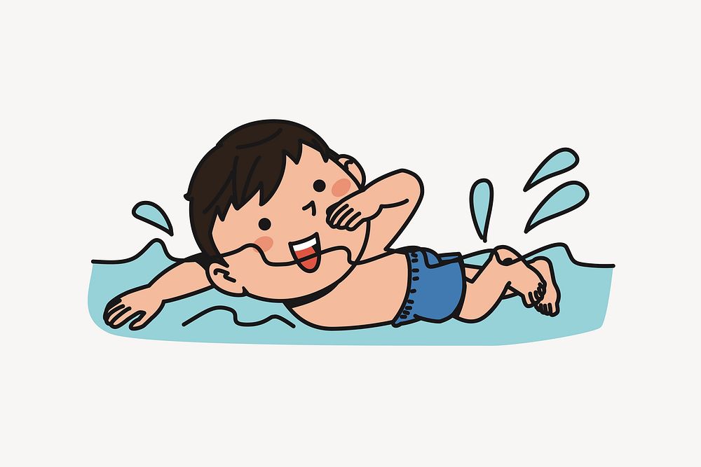 Little boy swimming illustration. Free public domain CC0 image.