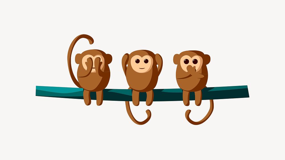Three wise monkeys clipart, illustration vector. Free public domain CC0 image.