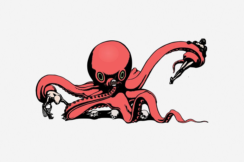 Evil octopus illustration, clip art. Free public domain CC0 image.