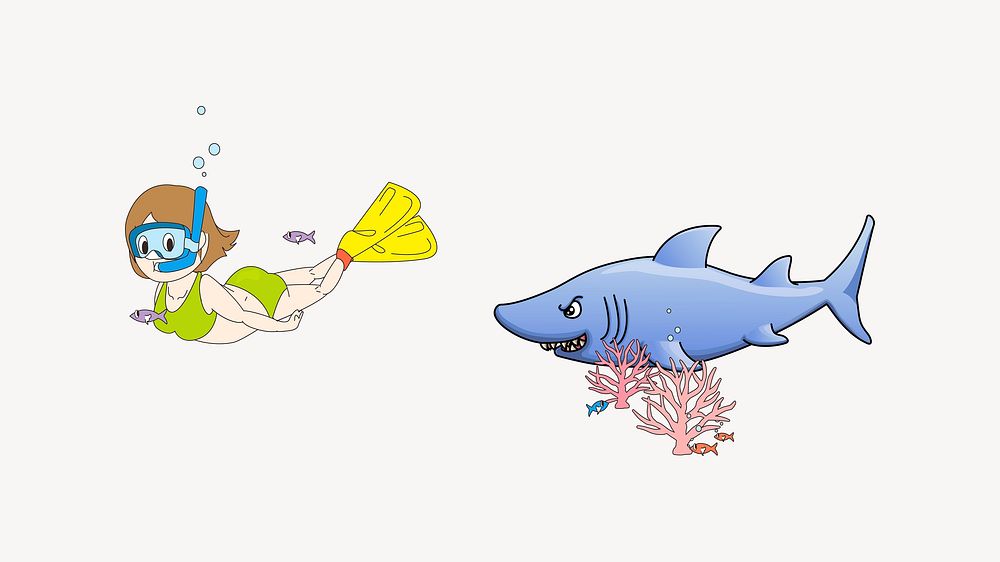 Shark chasing woman illustration, clip art. Free public domain CC0 image.