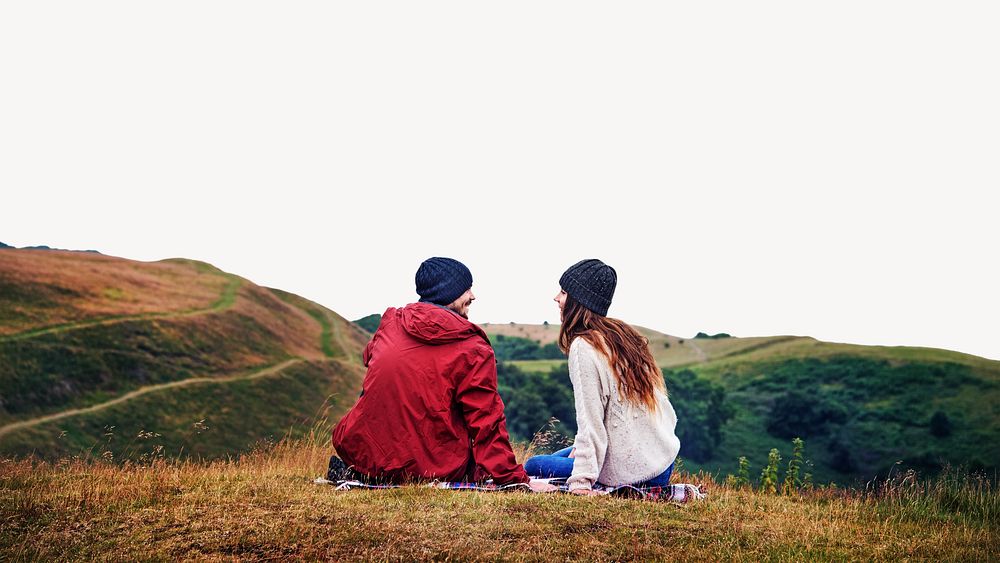 Couple sitting on hill border background