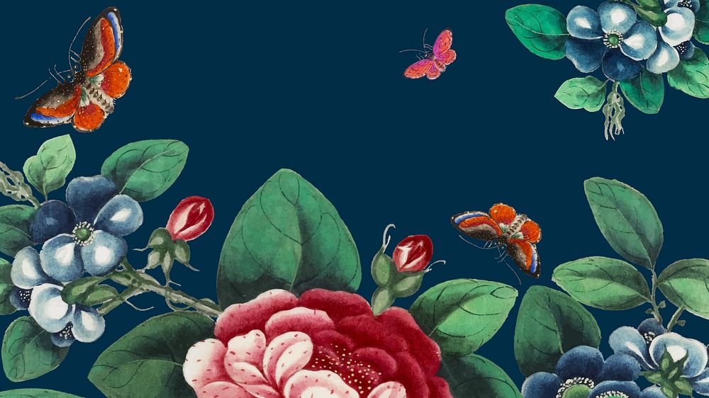 Vintage spring desktop wallpaper, flower illustration on blue background