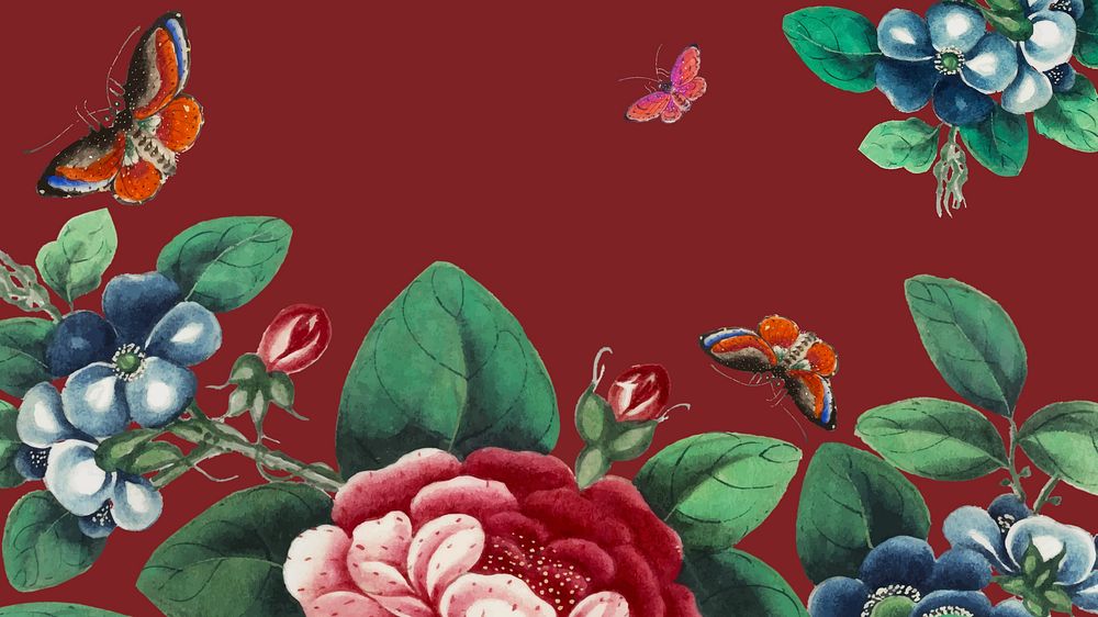 Vintage desktop wallpaper, flower illustration on red background