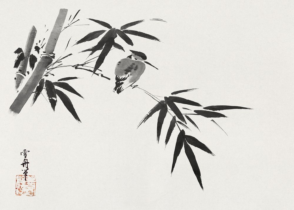 Kingfisher and Bamboo (19th century) botanical illustration by Sesshū Tōyō. Original public domain image from The MET…