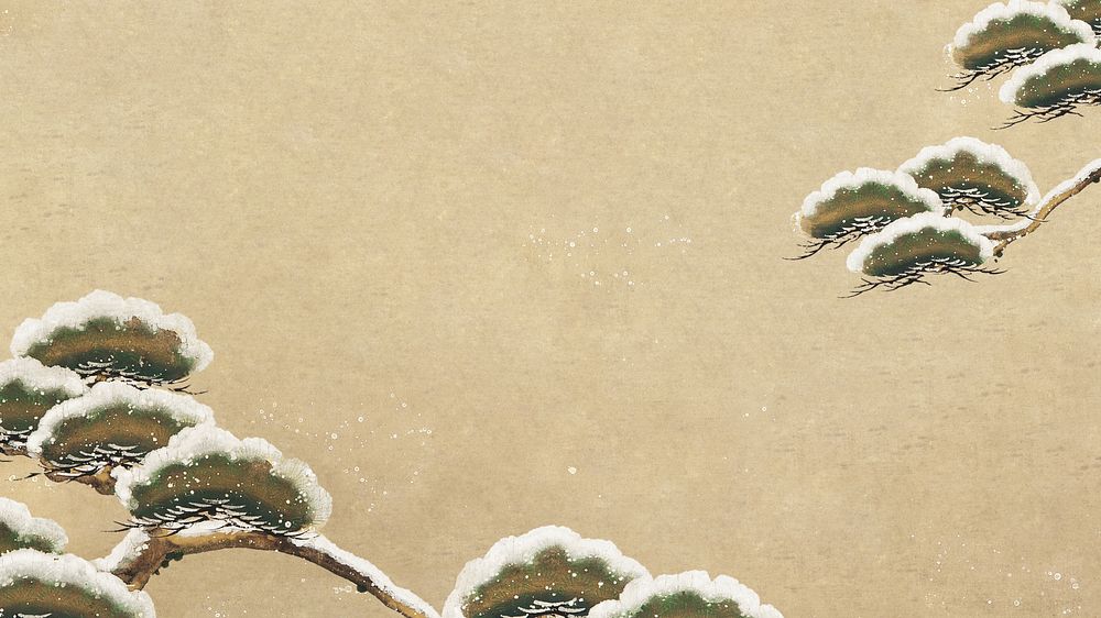 Snow-laden Pine Boughs HD wallpaper, Japanese tree illustration by Ogata Kenzan.  Remixed by rawpixel.